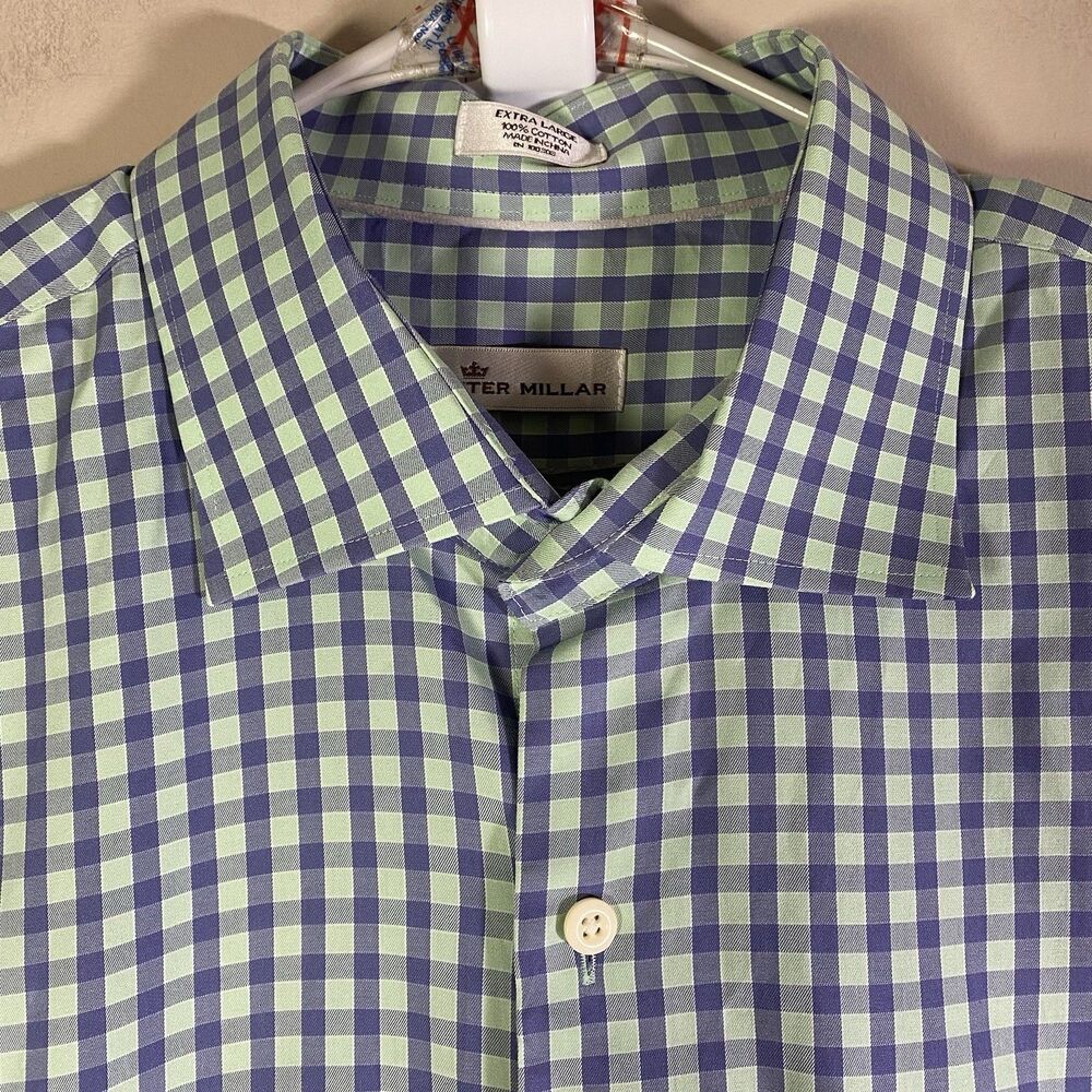PETER MILLAR Shirt Mens XL Crown Plaid Green Blue Performance Dress Casual
